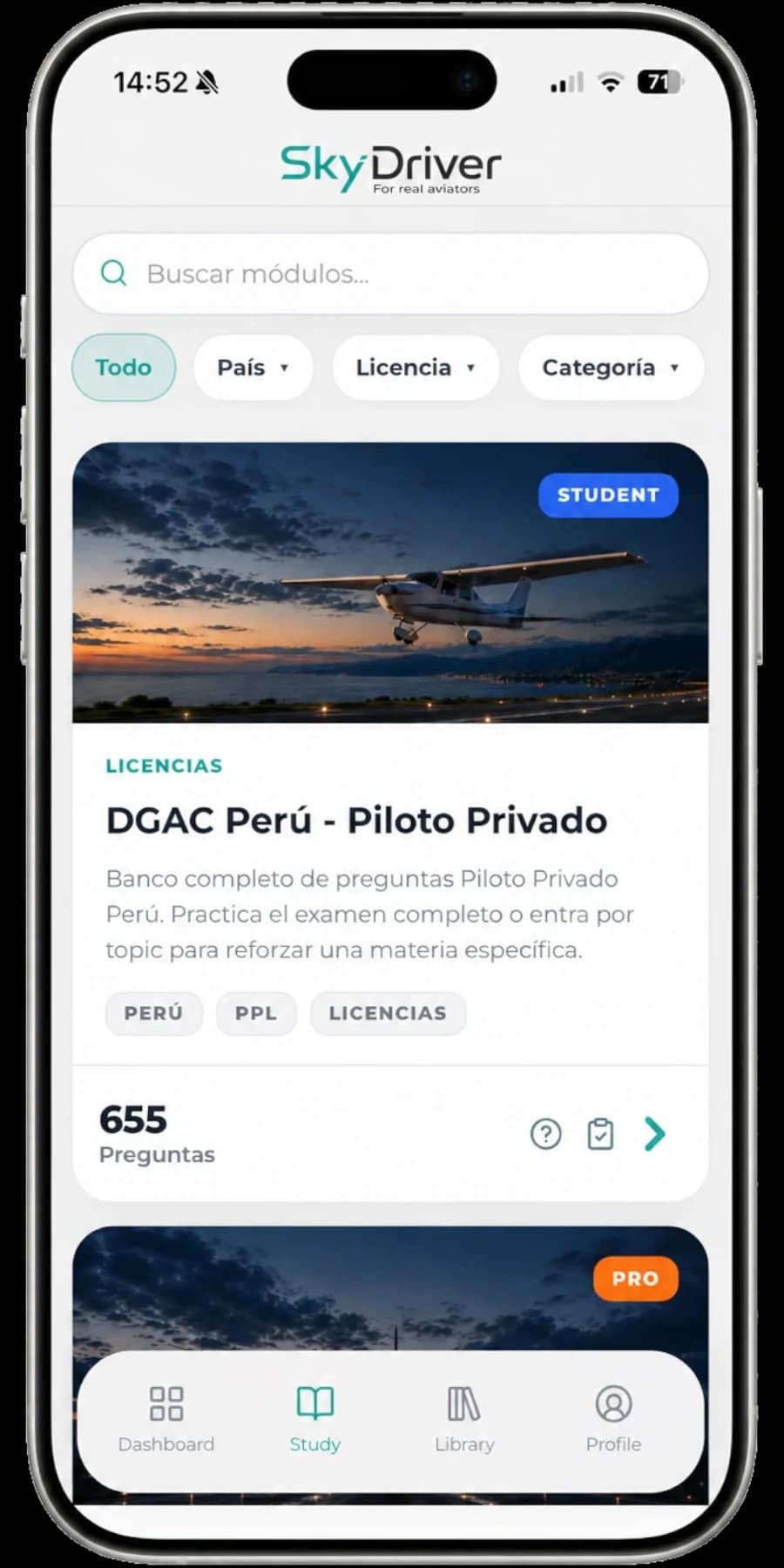 Vista de SkyDriver en un teléfono móvil